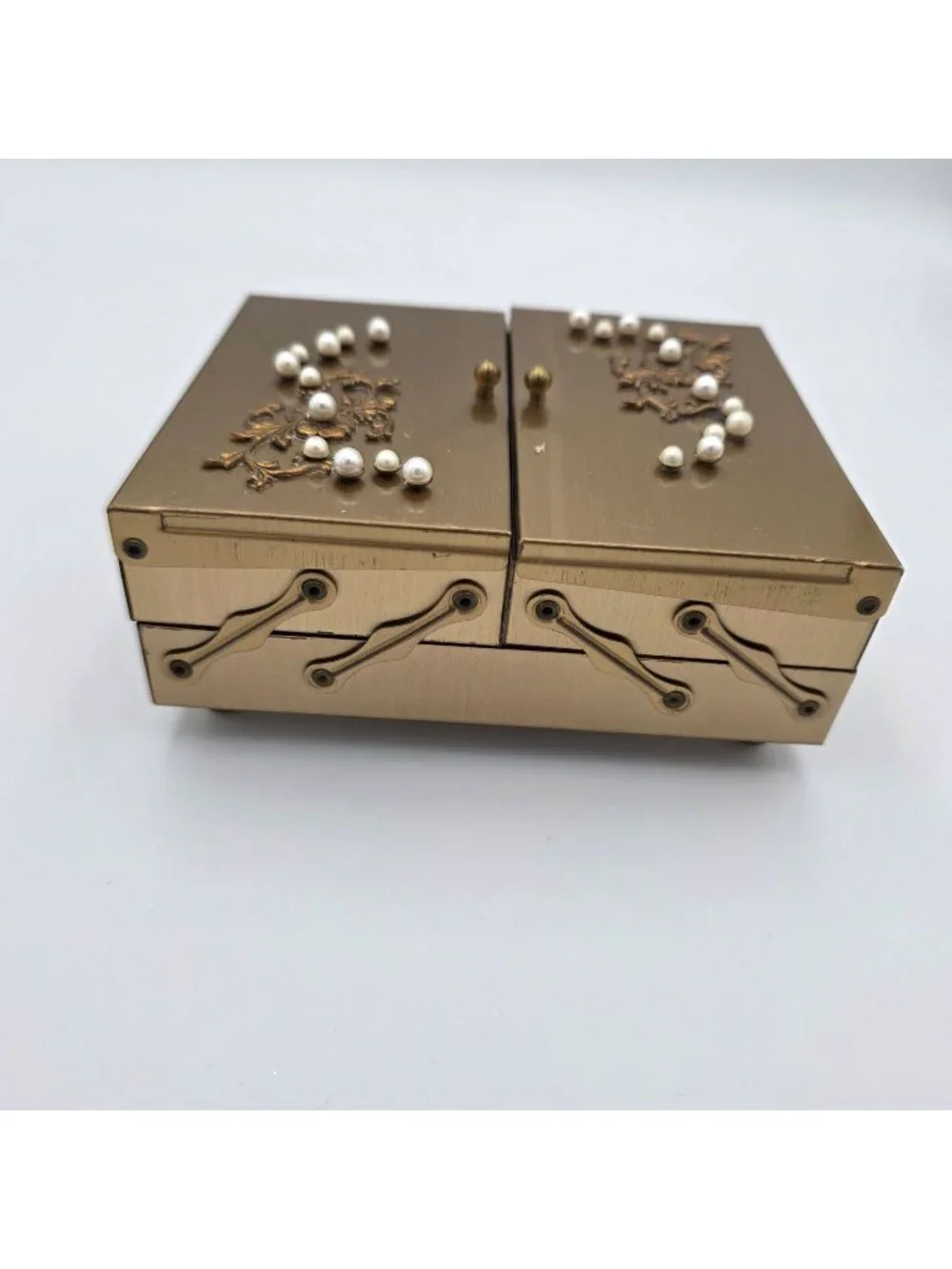 Vintage Gold-Tone Jewelry Box Pearl Embellishments & Velvet Inner Compartments